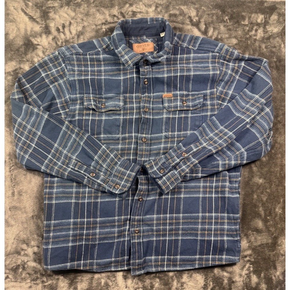 Orvis Men's XXL Blue Plaid Heavyweight Flannel Shirt Jacket Shacket 100% Cotton